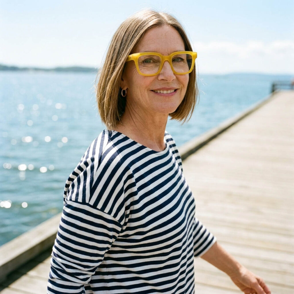 Woman in her early 50s with a honey blonde sleek center-parted bob and bold yellow glasses on a bright waterfront boardwalk.