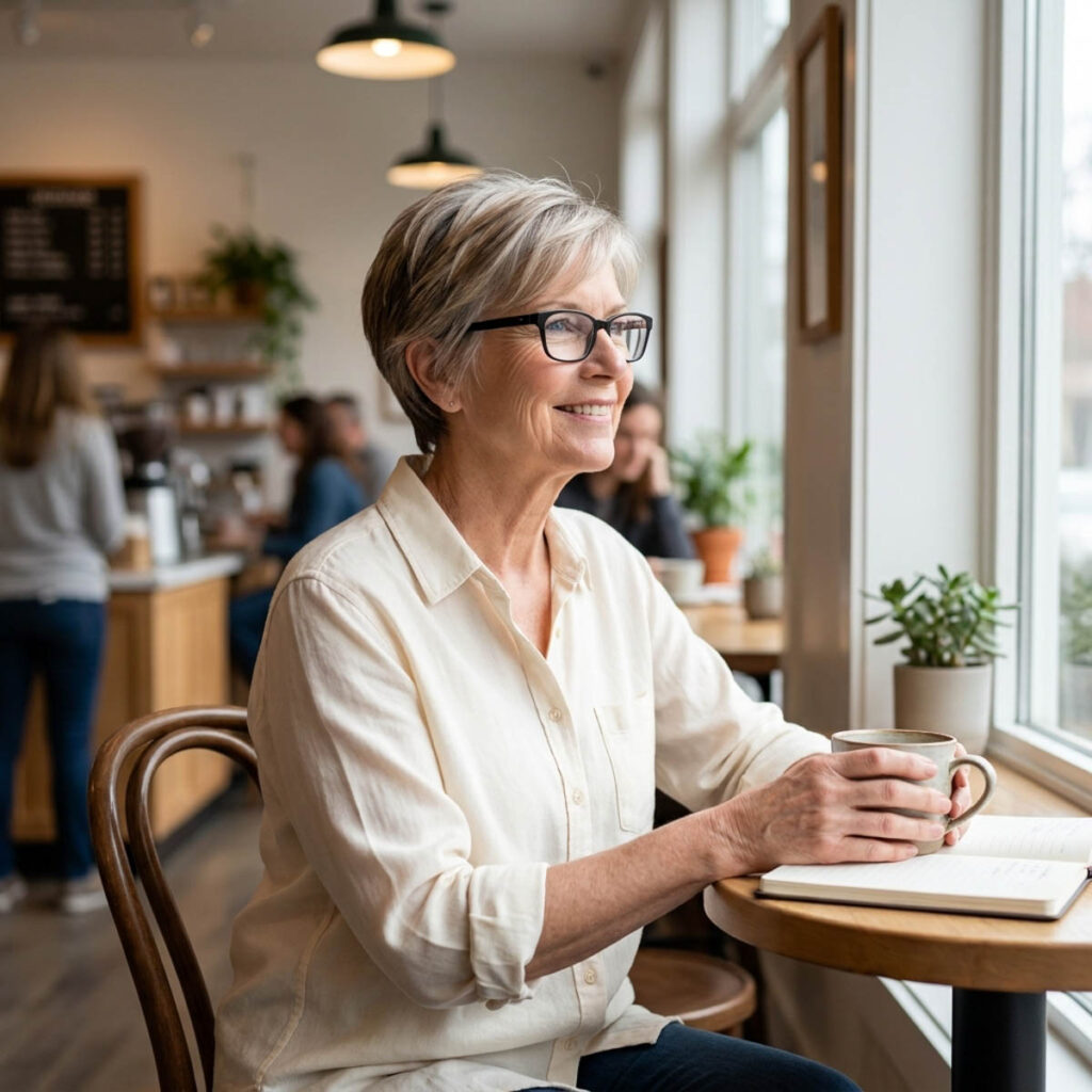 Woman over 50 with a soft layered silver pixie cut and black rectangular glasses sitting at a coffee shop table with a journal and mug.