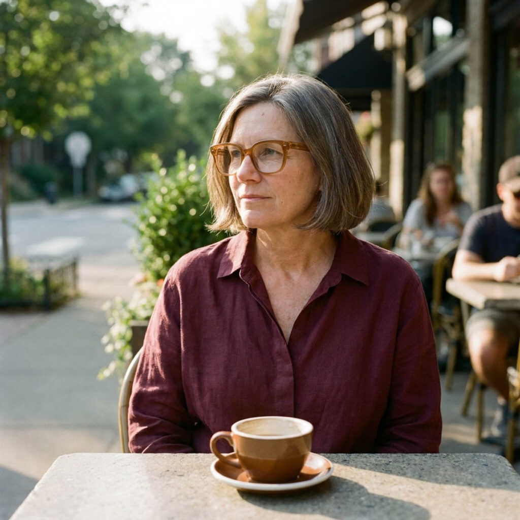 Woman in her 50s with a chin-length silver bob and oversized caramel acetate glasses at an outdoor cafe terrace.