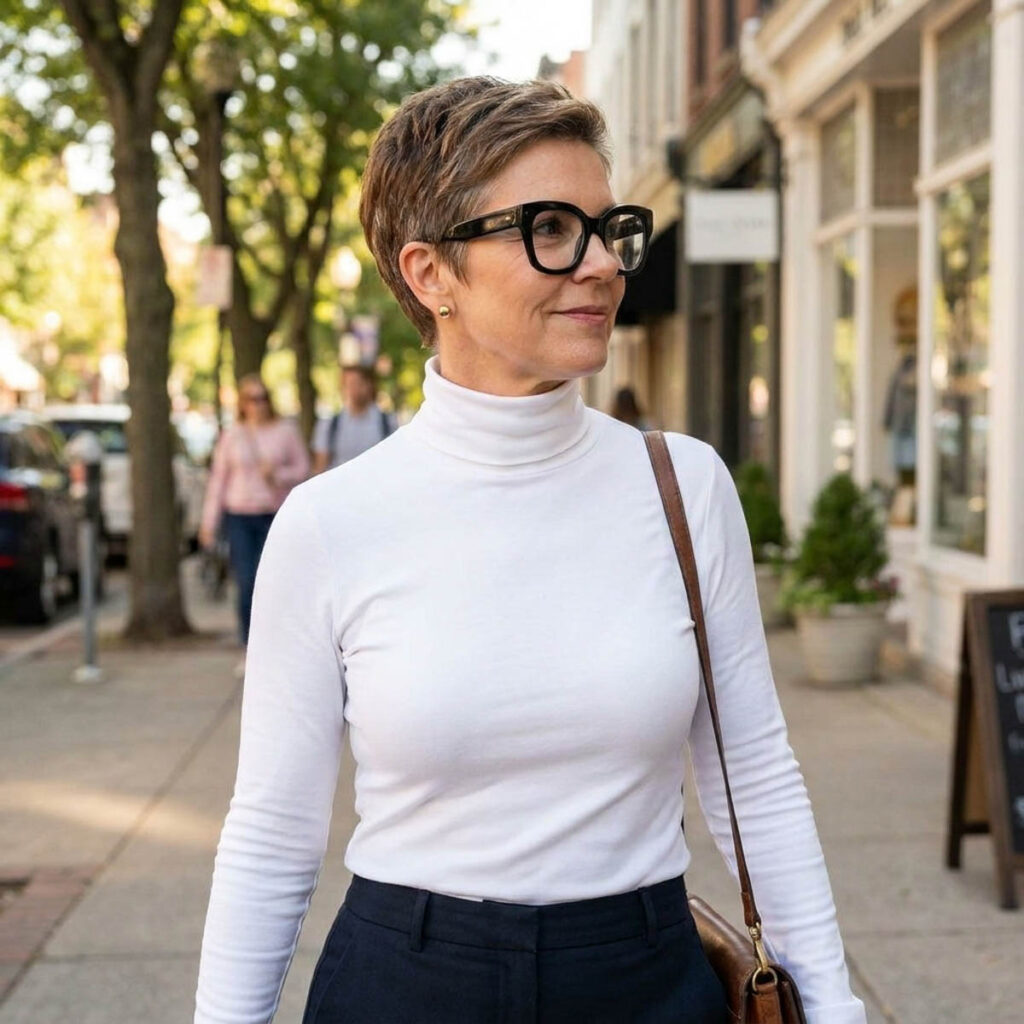 Confident woman over 50 with a tapered salt-and-pepper crop cut and bold black glasses walking along a sunny urban sidewalk.