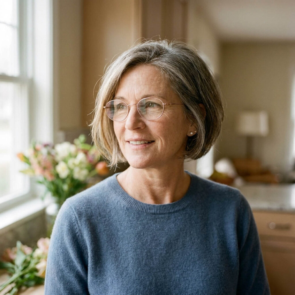 Woman in her early 50s with a textured gray-blonde short bob and slim rose gold oval glasses standing in a bright home kitchen.