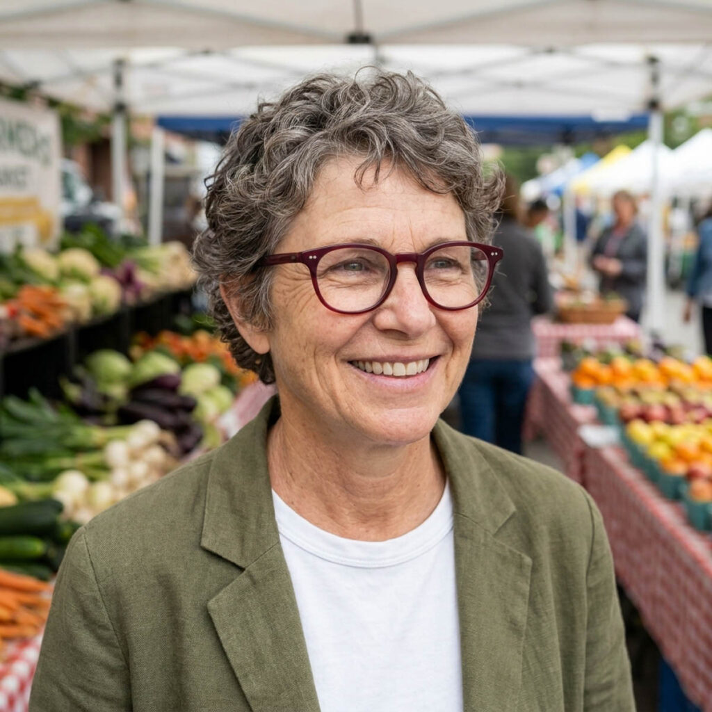 Smiling woman over 50 with a natural gray curly pixie cut and burgundy glasses at an outdoor farmers market.