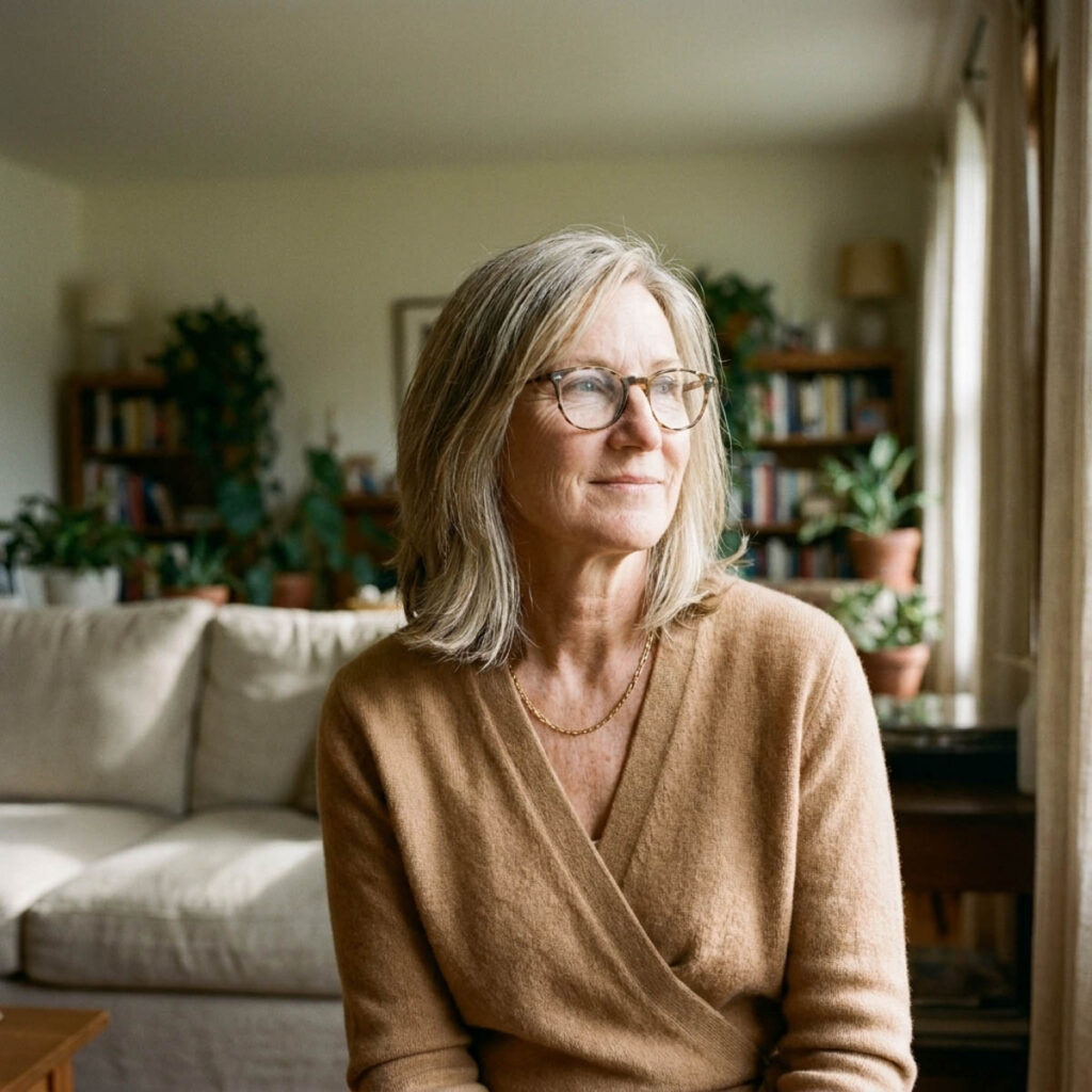 Woman in her 50s with silver-blonde shoulder length layers and tortoiseshell cat-eye glasses relaxing in a warm home living room.