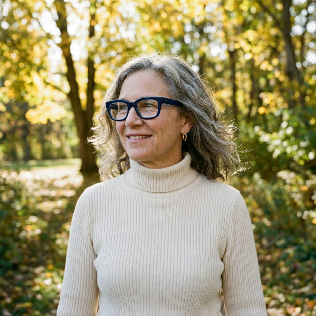 Woman in her early 50s with silver wavy collarbone length hair and bold navy blue glasses standing in an autumn park.