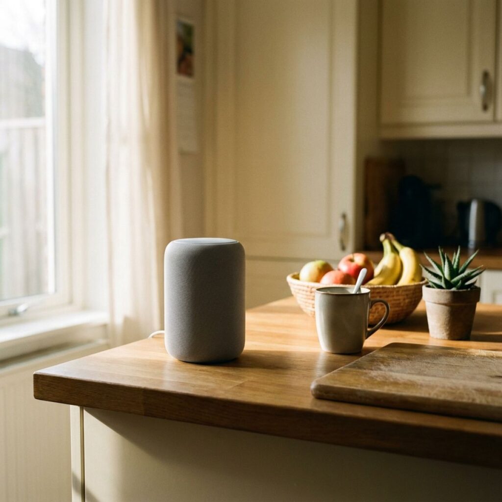Smart speaker on kitchen counter beside coffee mug, fruit bowl, and morning sunlight.