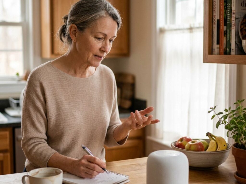 Woman speaking to a smart speaker while writing notes in a cozy kitchen.