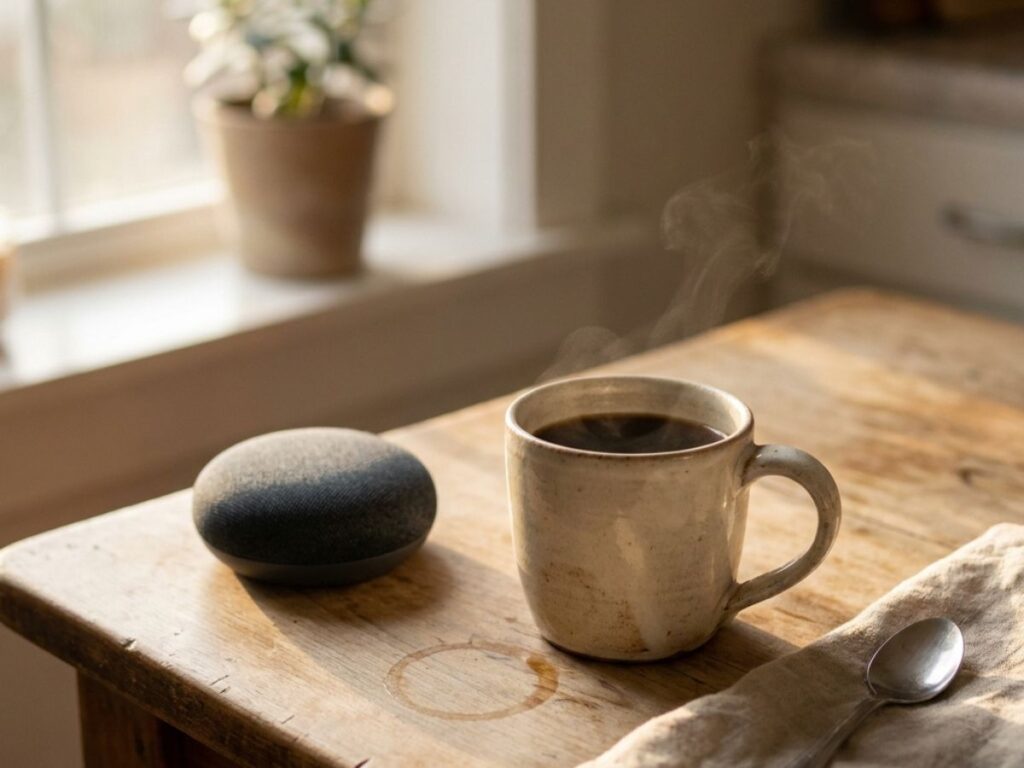 Steaming coffee mug beside a smart speaker on a wooden kitchen table.
