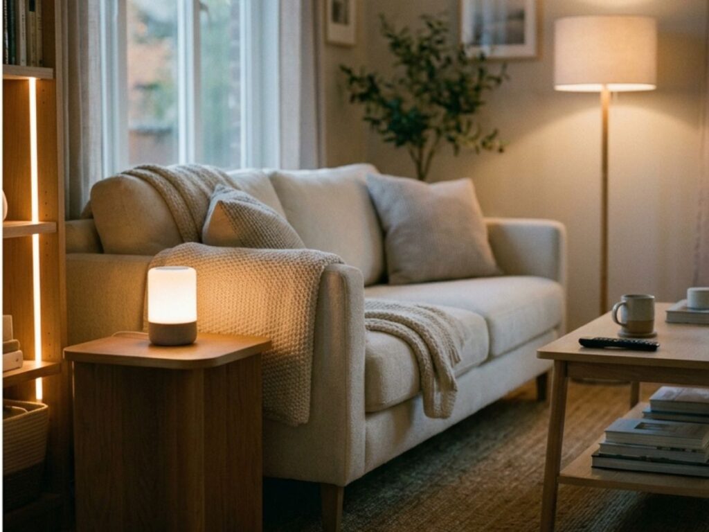 Cozy modern living room with sofa, soft lighting, and smart speaker on side table.