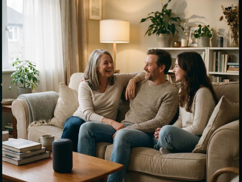 Family relaxing together on a cozy living room sofa with warm lighting and smart home device.
