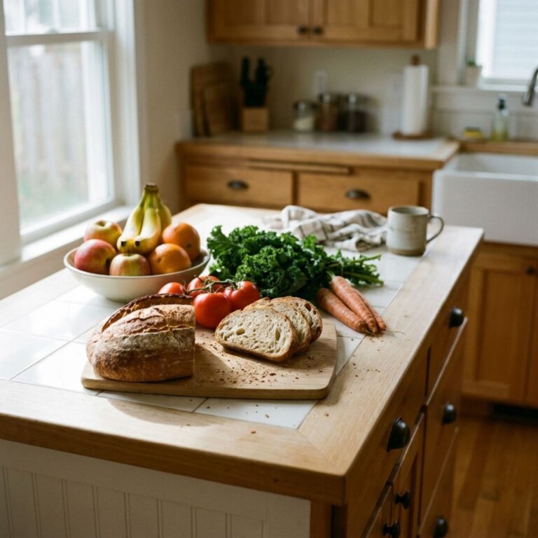 Kitchen counter with bread fruits vegetables everyday foods scene