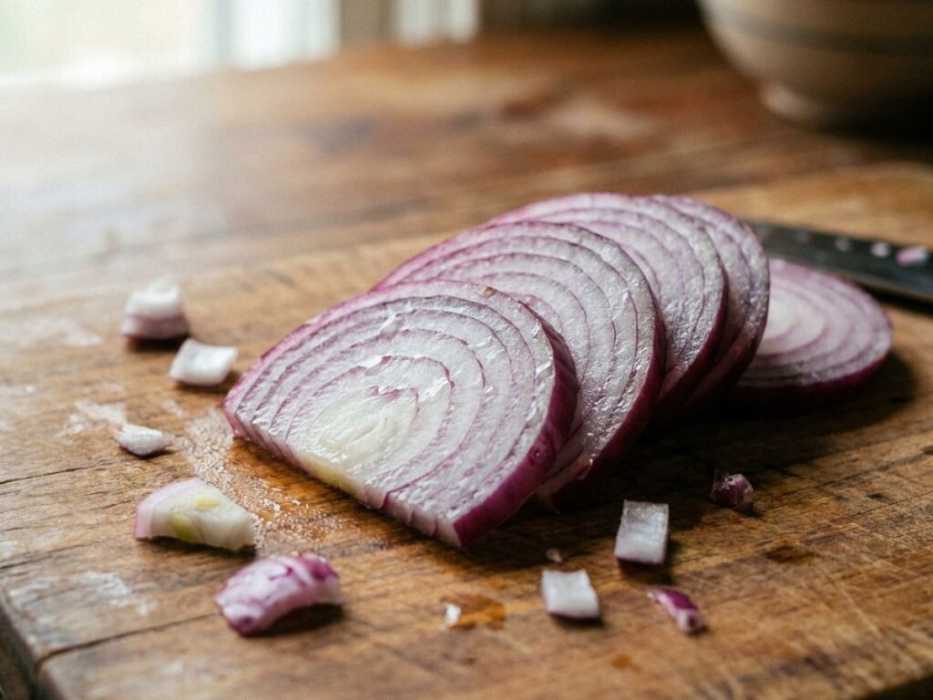 Sliced red onion on cutting board close up