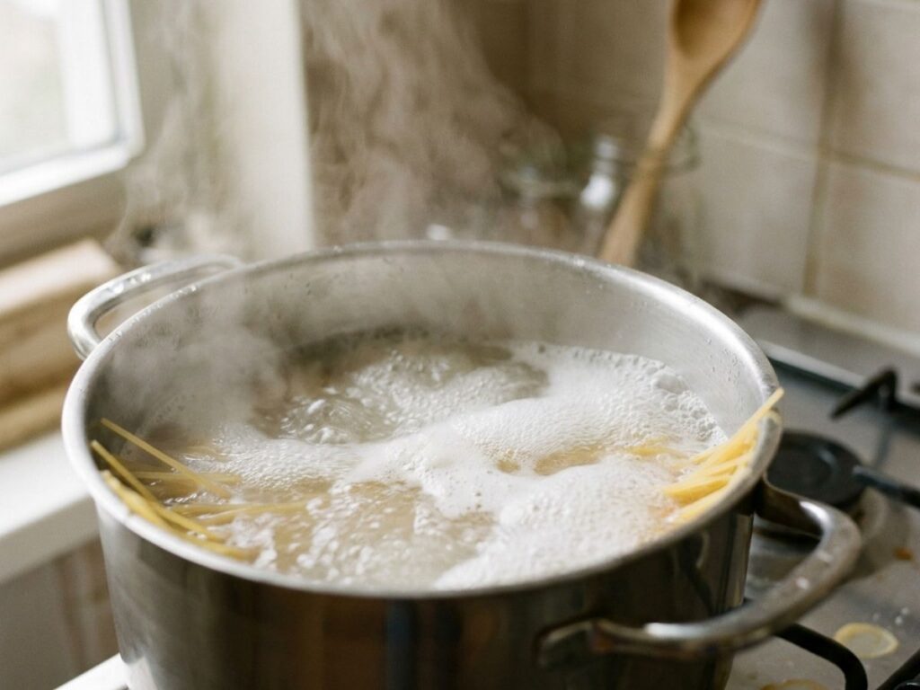 Pasta boiling in pot with steam on stove