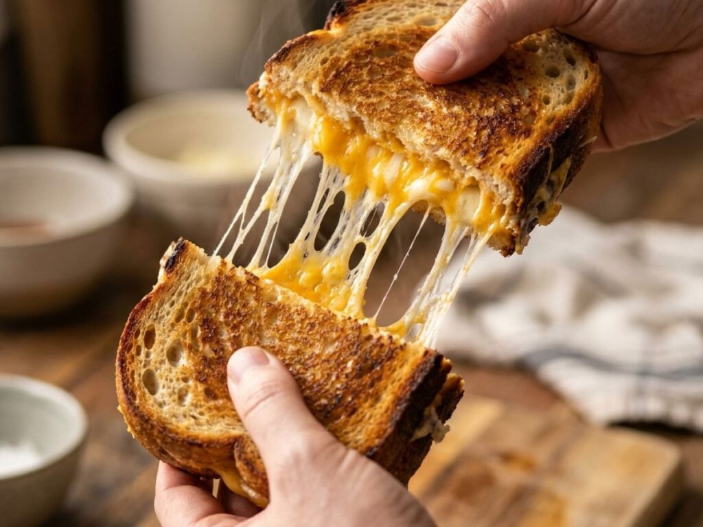 Melted cheese stretching from toasted sandwich warm kitchen scene
