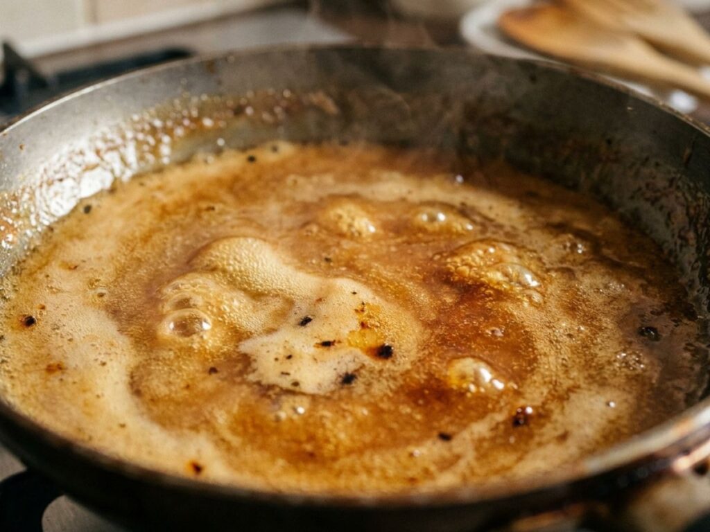 Sugar caramelizing in pan bubbling golden close up