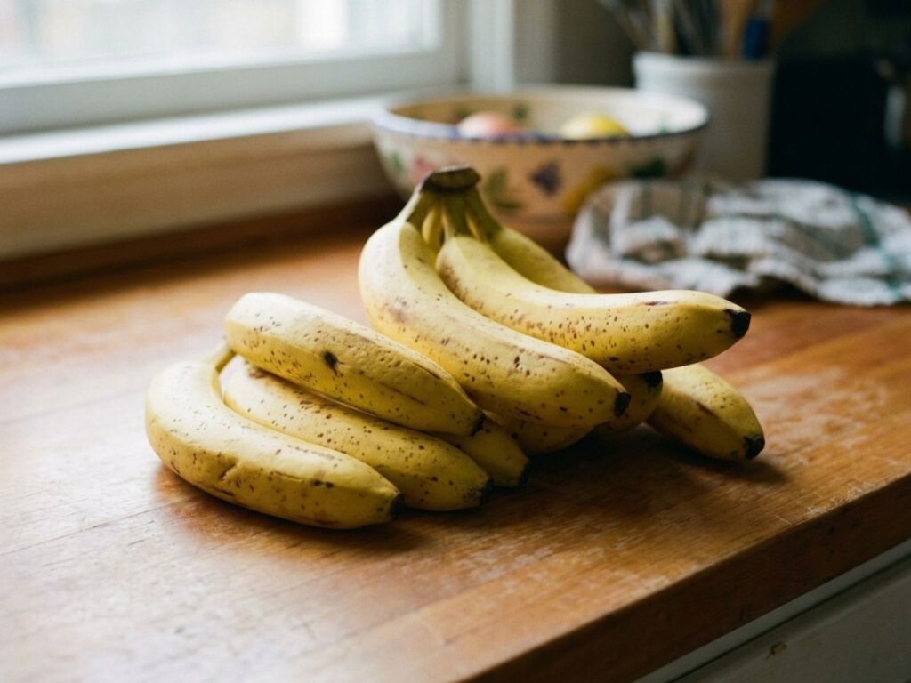 Ripe bananas on kitchen countertop natural light