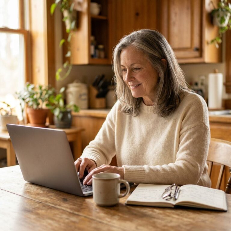 Woman Using Laptop at Kitchen Table with Coffee