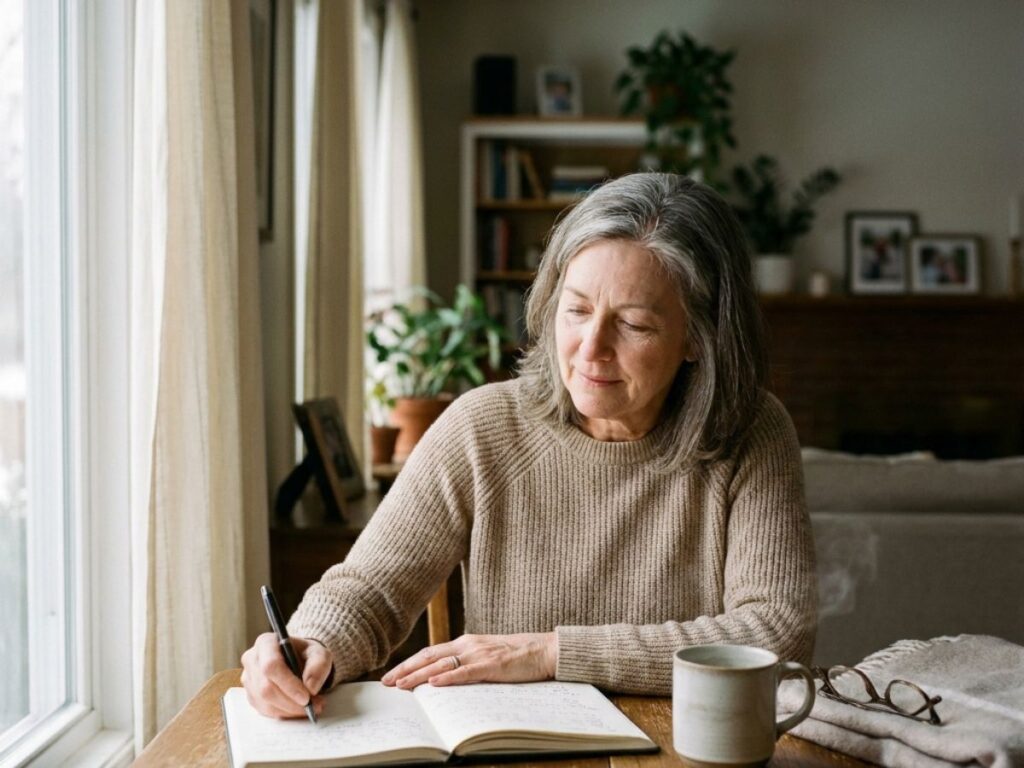 Woman Journaling by Window with Coffee