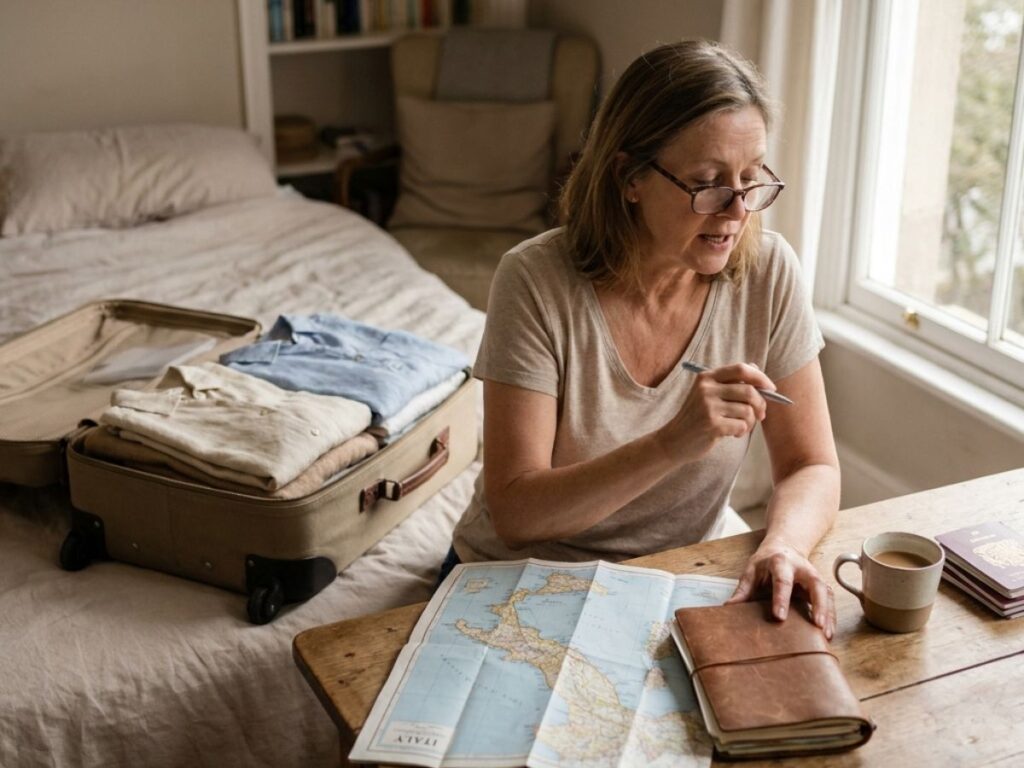 Woman Planning Travel with Map and Notebook