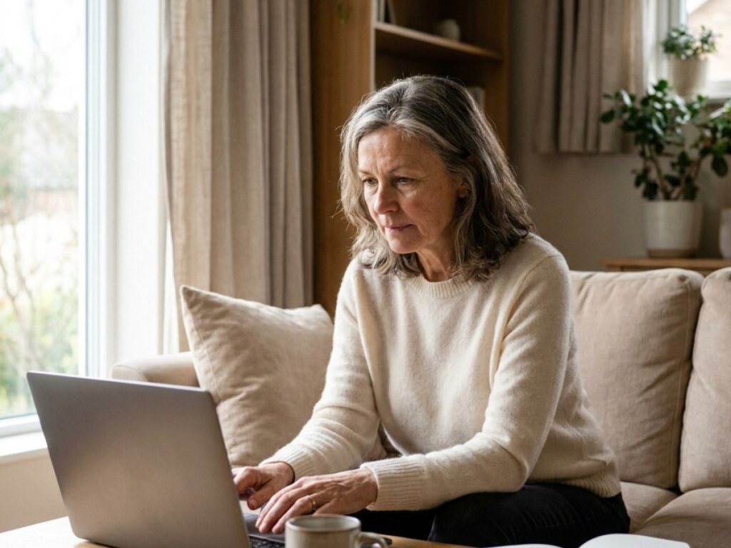 Woman Working on Laptop from Cozy Living Room