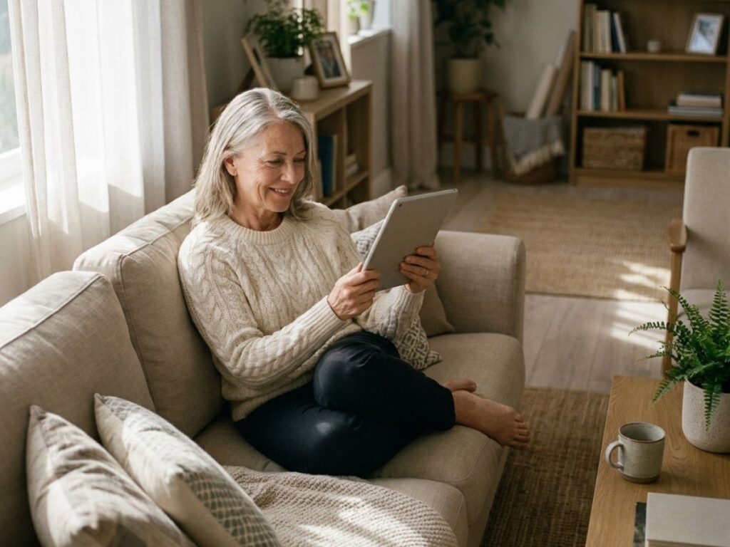 Woman Relaxing on Sofa Using Tablet at Home