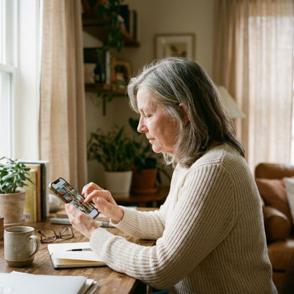 Mature woman scrolling through photos on smartphone at a cozy home desk.