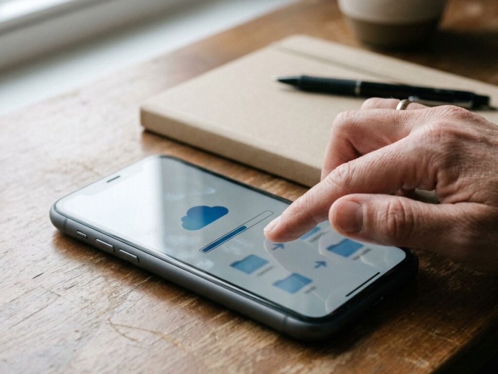Finger organizing digital photo folders on smartphone beside notebook and pen.