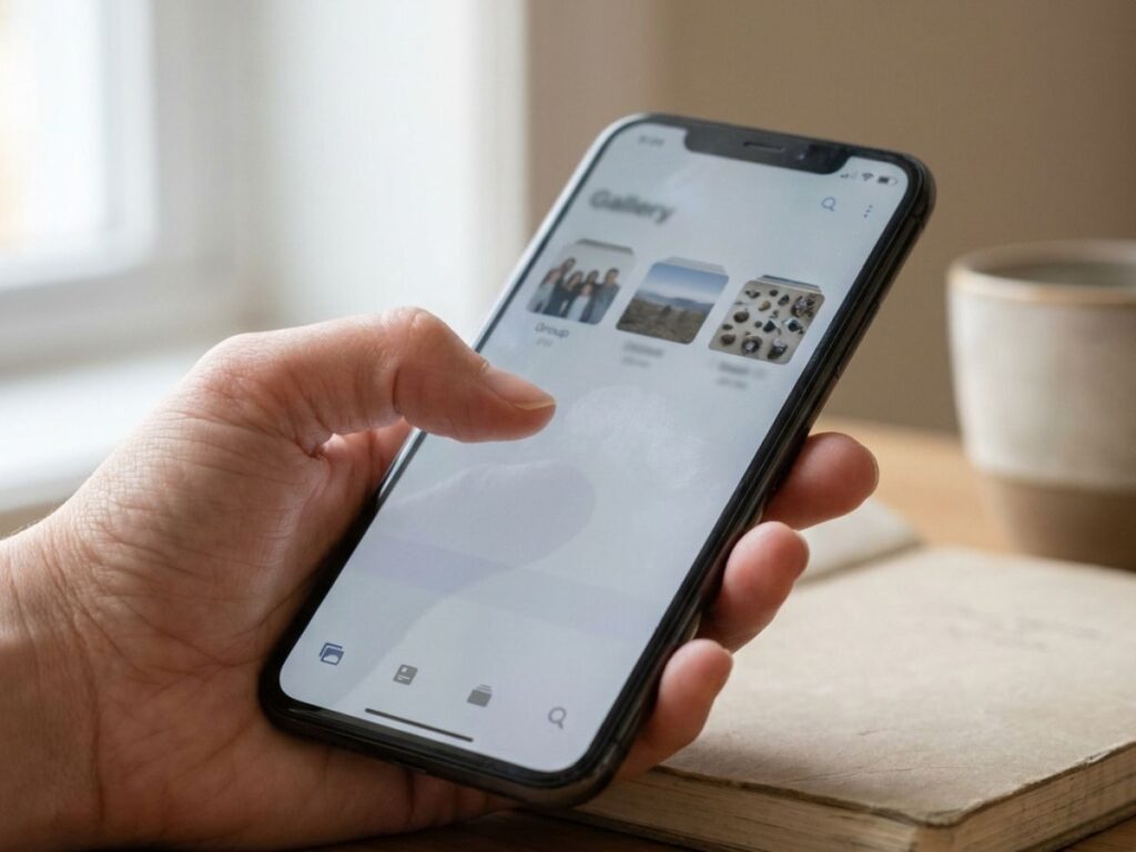 Close-up of smartphone gallery app with albums and saved photos on screen.