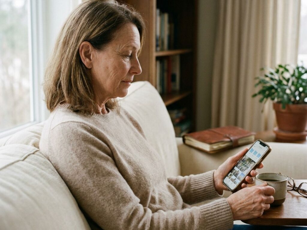 Woman organizing photos on smartphone while sitting on couch with coffee nearby.