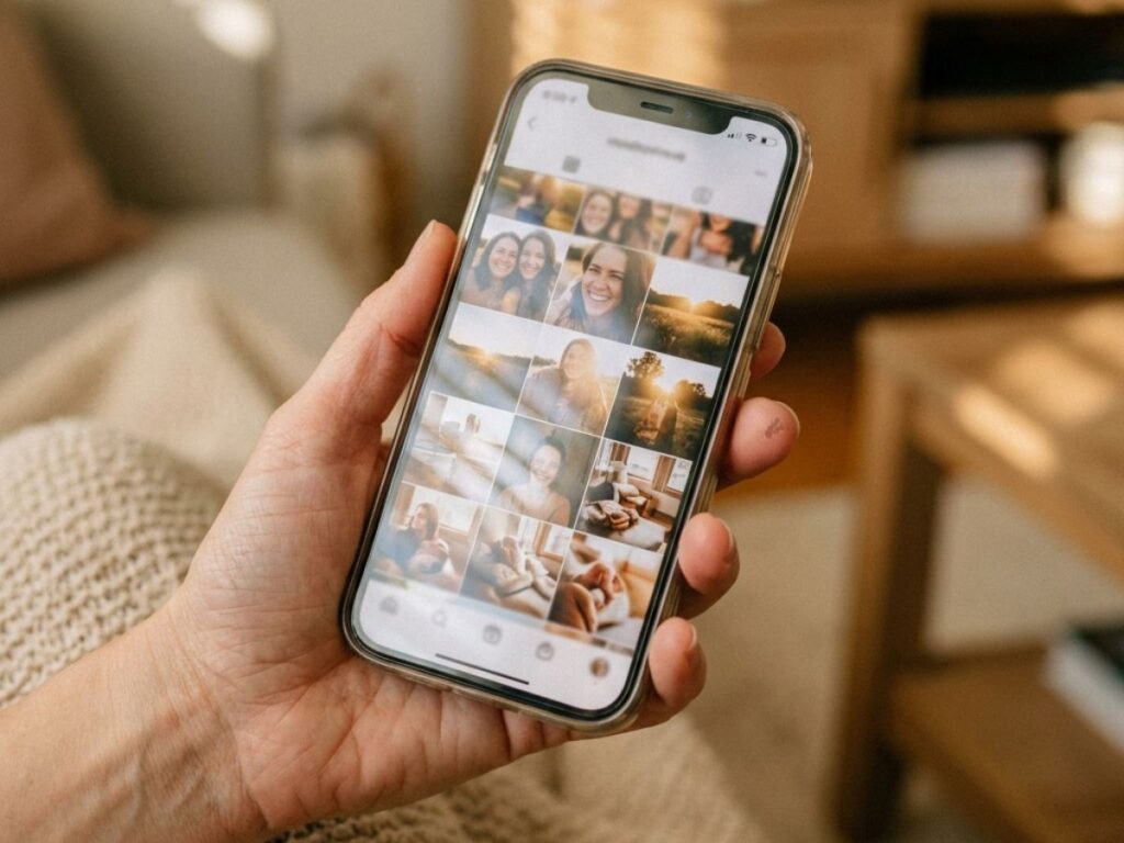 Hand holding smartphone with photo gallery app open in a cozy living room.