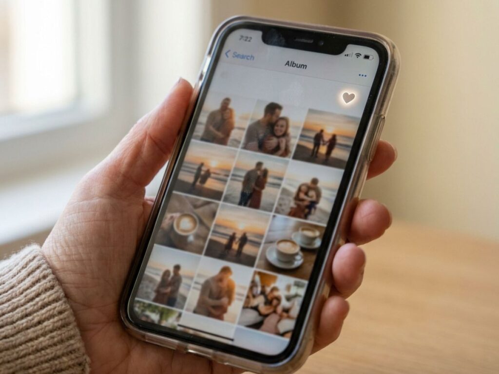 Hand holding smartphone with photo album app showing memories and lifestyle photos.