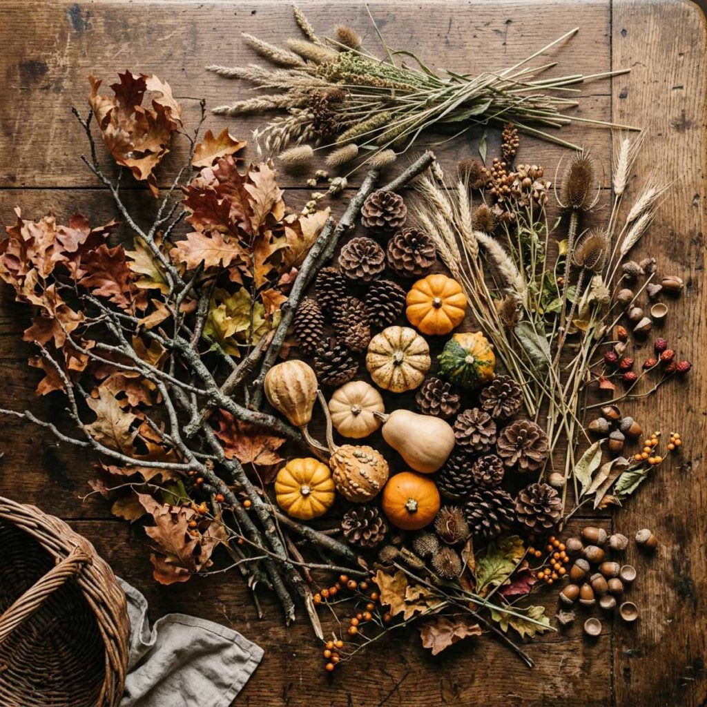 Flat lay of foraged fall decor items including branches, dried leaves, pinecones, mini pumpkins, and acorns on a wood table.