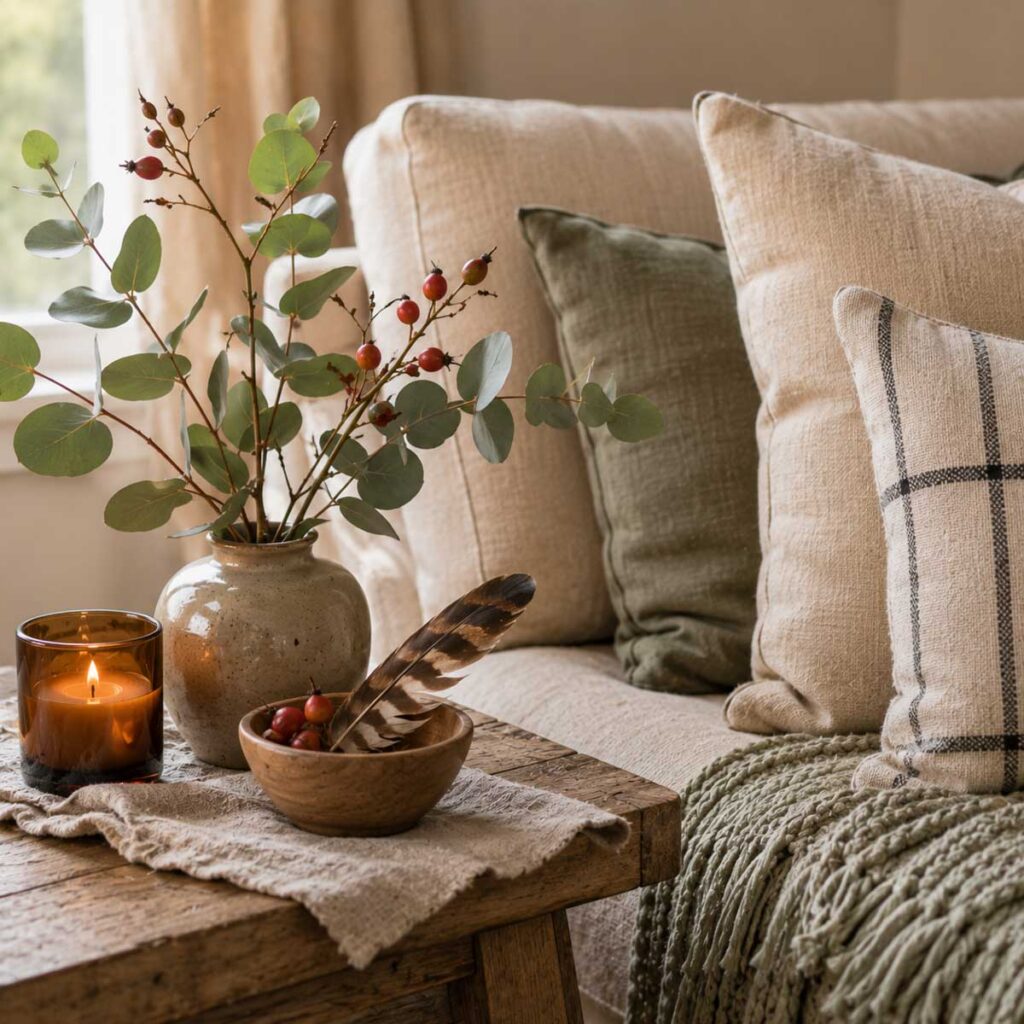 Sofa corner with layered pillows, a knit throw, a vase of eucalyptus and rosehips, and a small bowl with a feather.