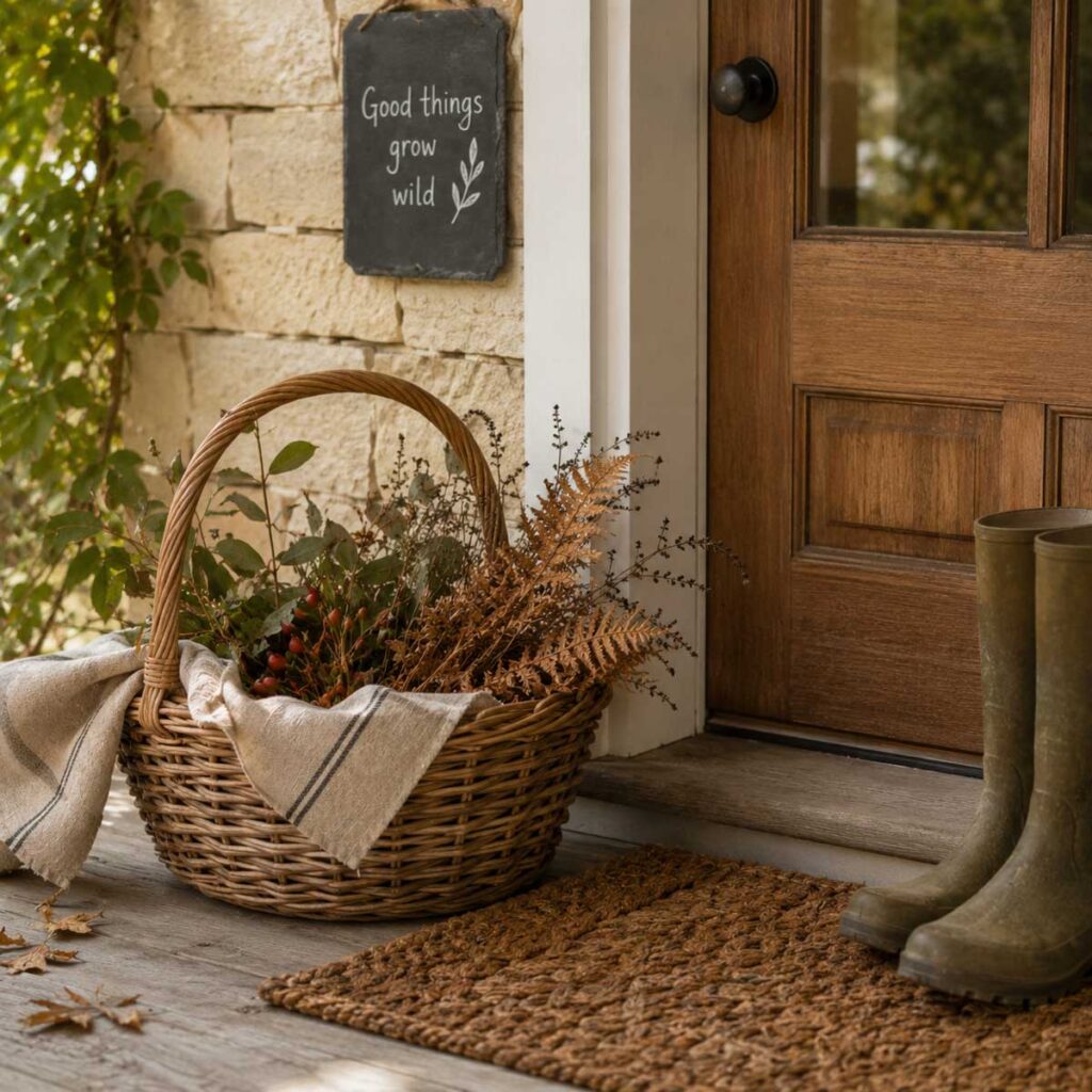 Woven basket filled with foraged greens and berries sitting by a front door with rain boots and a doormat.