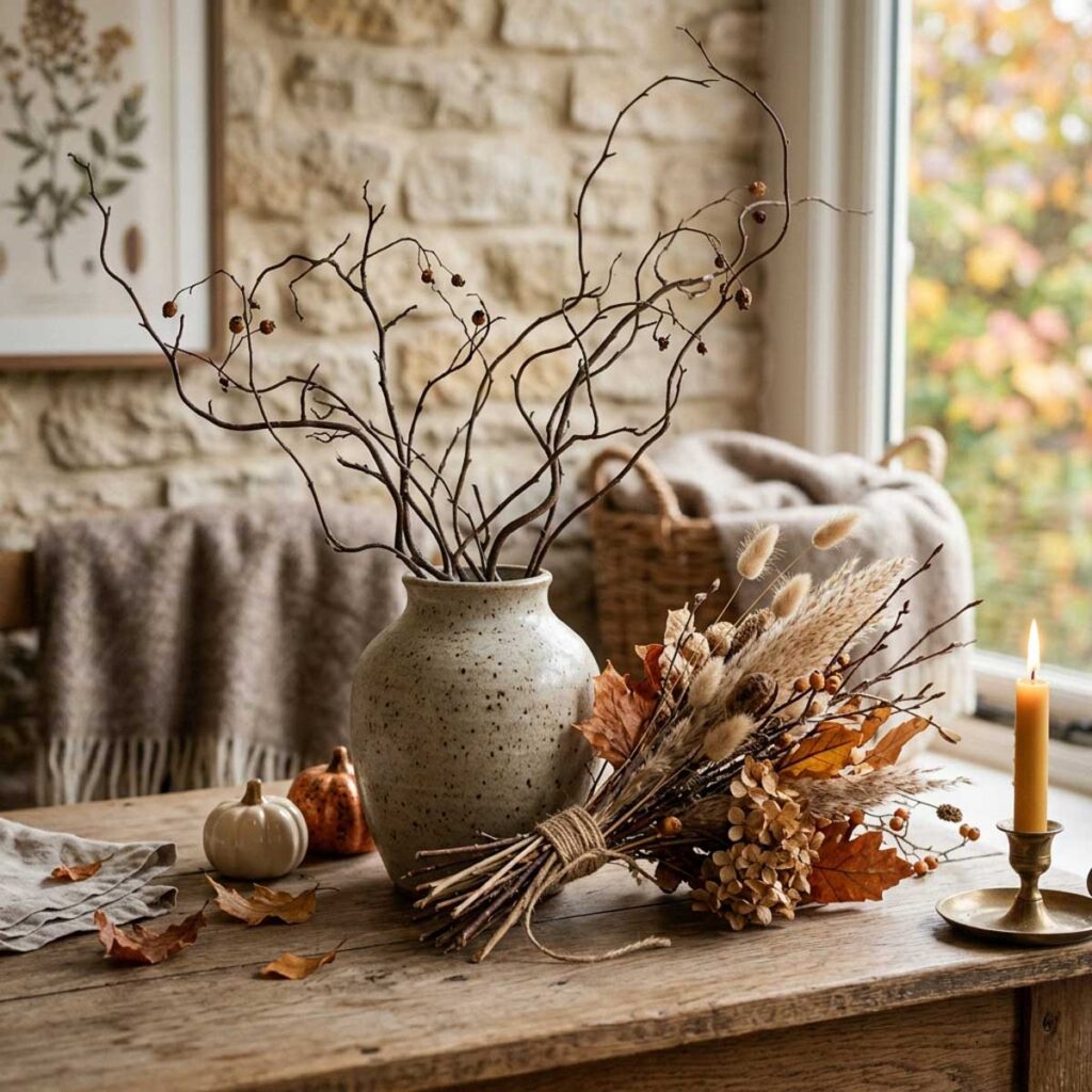 Bare branches with berries in a speckled vase alongside a tied bundle of dried leaves and flowers, with a lit candle nearby.