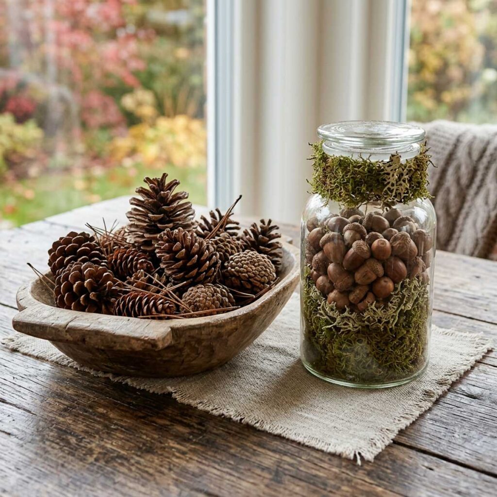 Wooden bowl filled with pinecones next to a glass jar of acorns layered with moss.