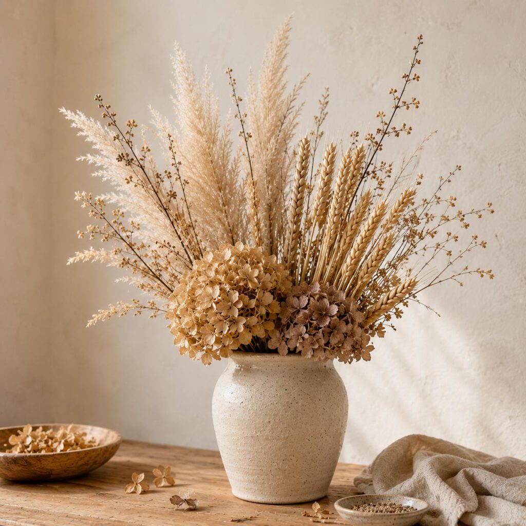 Dried pampas grass, wheat stems, and hydrangea blooms arranged in a ceramic vase against a neutral wall.