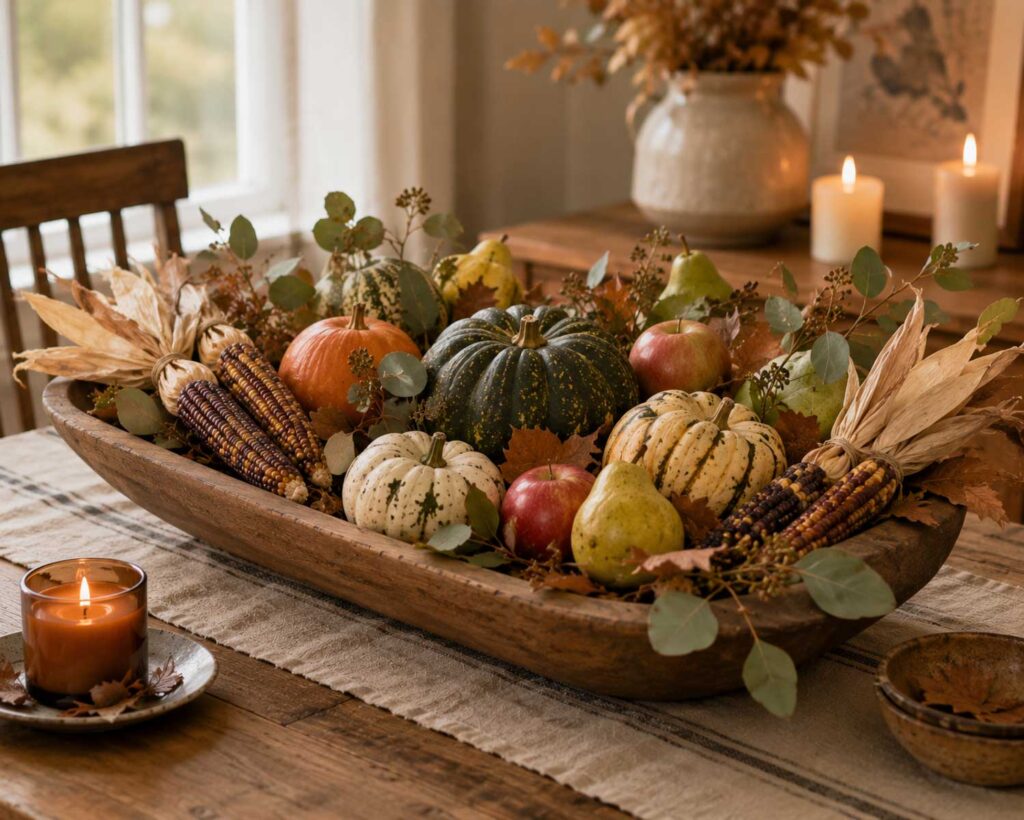 Wooden dough bowl centerpiece filled with pumpkins, ornamental corn, apples, pears, and eucalyptus.