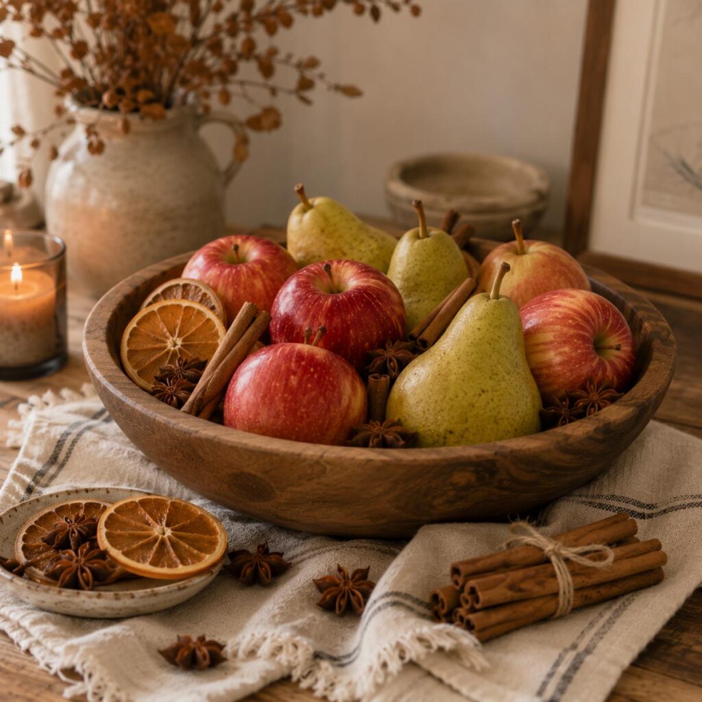 Wooden bowl of apples and pears styled with cinnamon sticks, star anise, and dried orange slices.