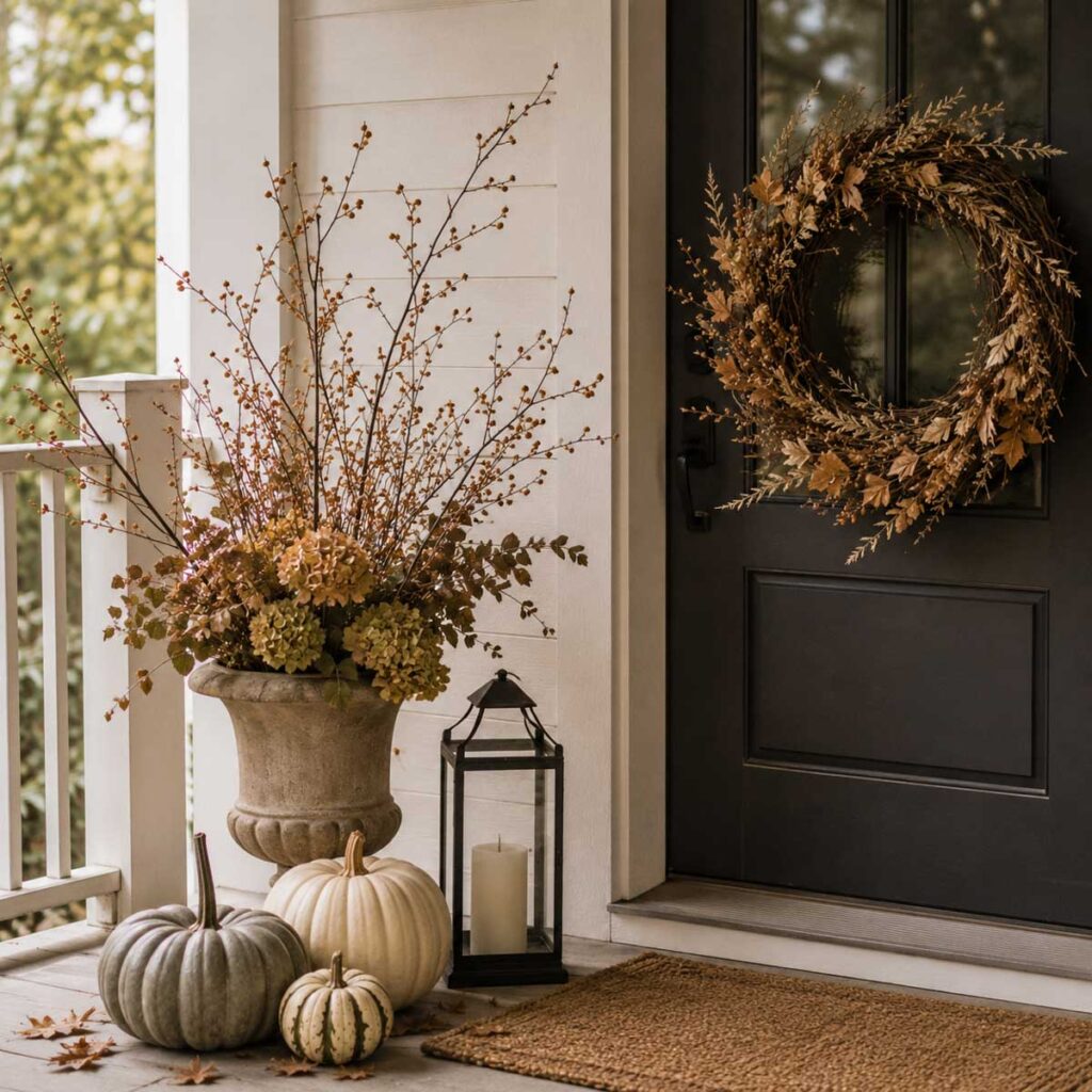 Front porch decorated with a foraged wreath on the door, a stone urn of branches and hydrangea, and small pumpkins.