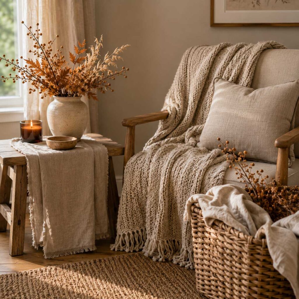 Cozy armchair styled with a chunky knit throw, linen pillow, and a vase of dried branches on a side table.