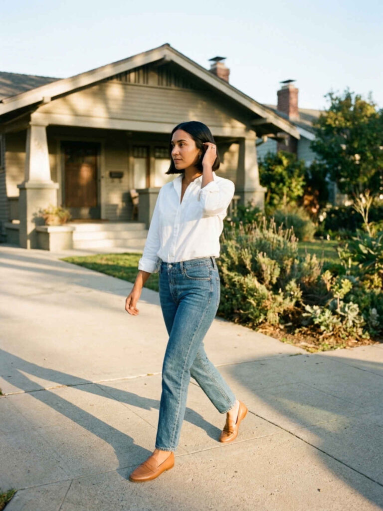 Woman in white button-down shirt and straight-leg jeans walking outside a craftsman-style home.
