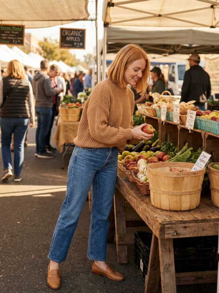 Woman in a camel sweater and jeans shopping for apples at a farmers market.