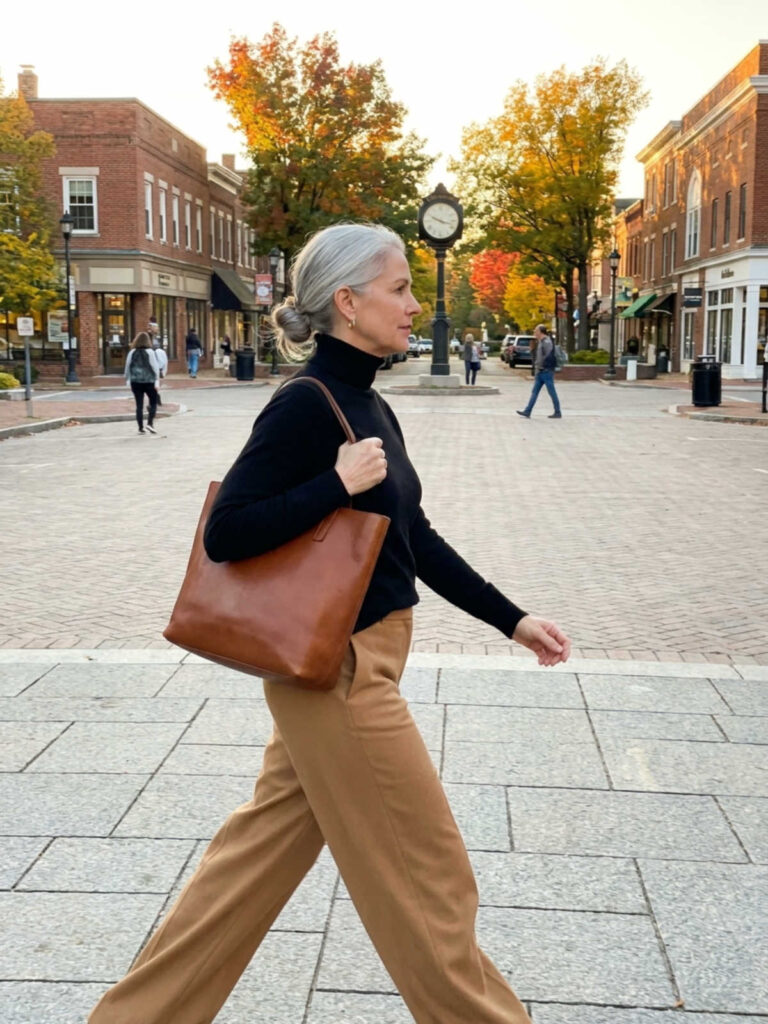 Woman in a black turtleneck and camel trousers walking through a town square with a leather tote.