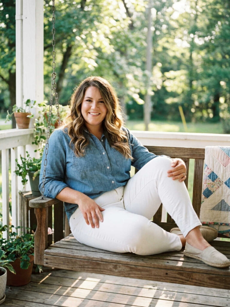 Plus-size woman in a chambray shirt and white jeans sitting on a porch swing.
