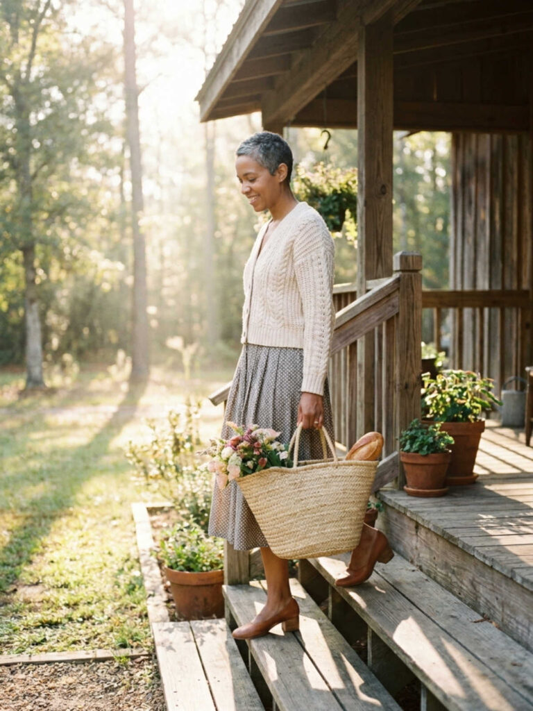 Woman in a cream cardigan and midi skirt carrying a woven basket on porch steps.