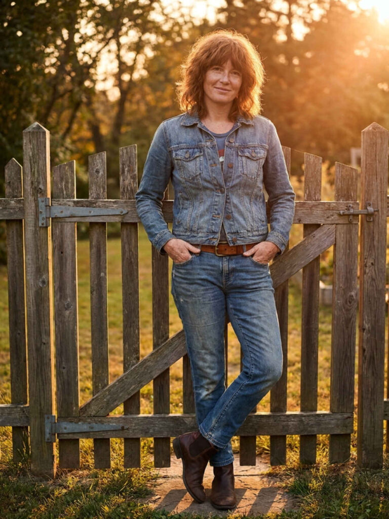 Woman in a denim-on-denim outfit with leather boots leaning against a wooden garden gate.