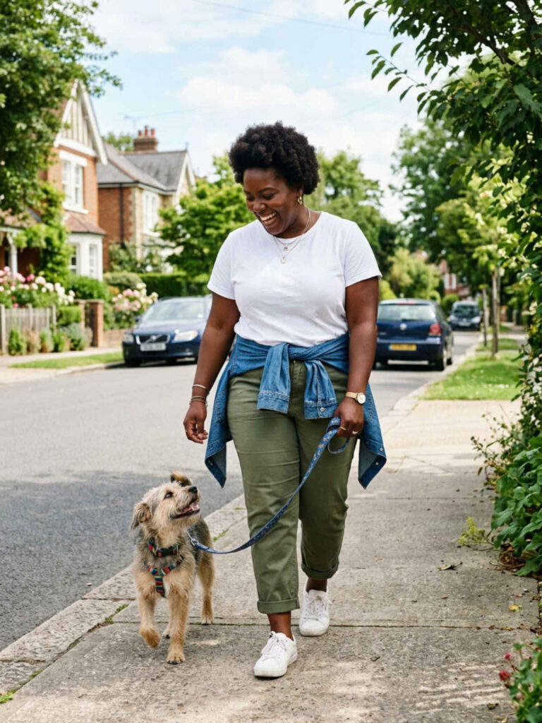Plus-size woman in a white tee and olive chinos walking a dog on a suburban sidewalk.