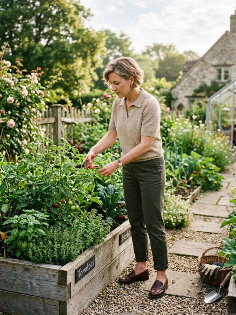 Woman in a knit polo and ankle pants gardening in a raised vegetable bed.
