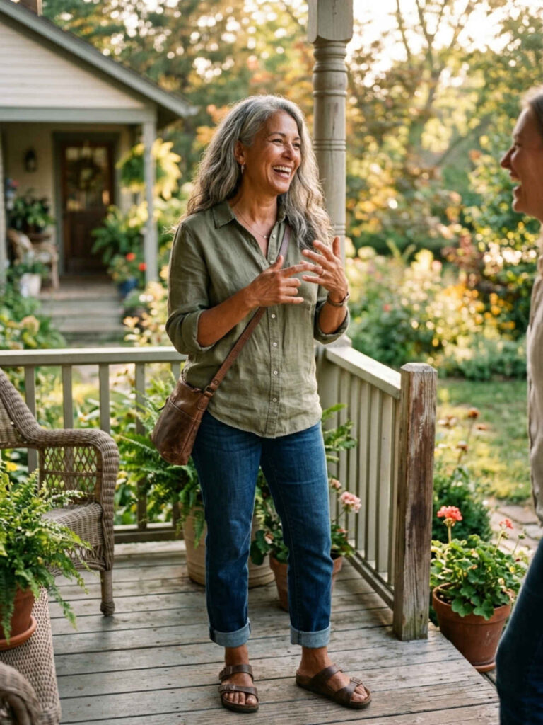 Woman in an olive button-up shirt and jeans laughing on a porch with a crossbody bag.