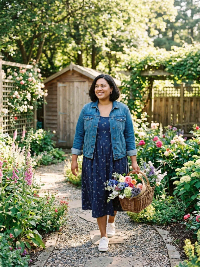 Plus-size woman in a denim jacket and midi dress carrying a flower basket through a garden.